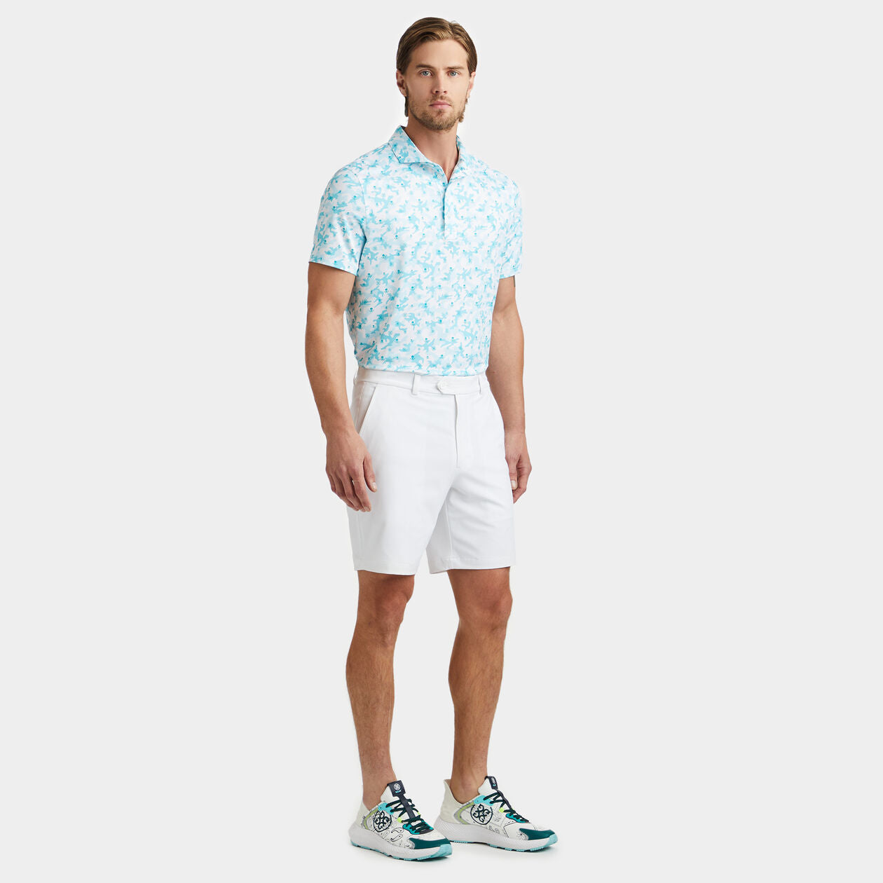G/FORE Mapped Icon Camo Tech Jersey Modern Spread Collar Polo - Emerald